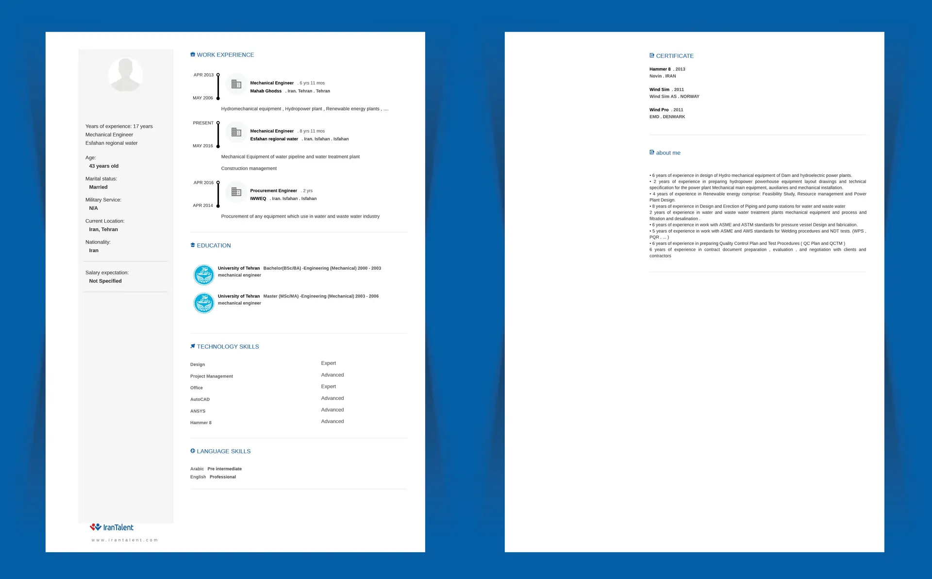 نمونه رزومه مهندس مکانیک در ایران تلنت